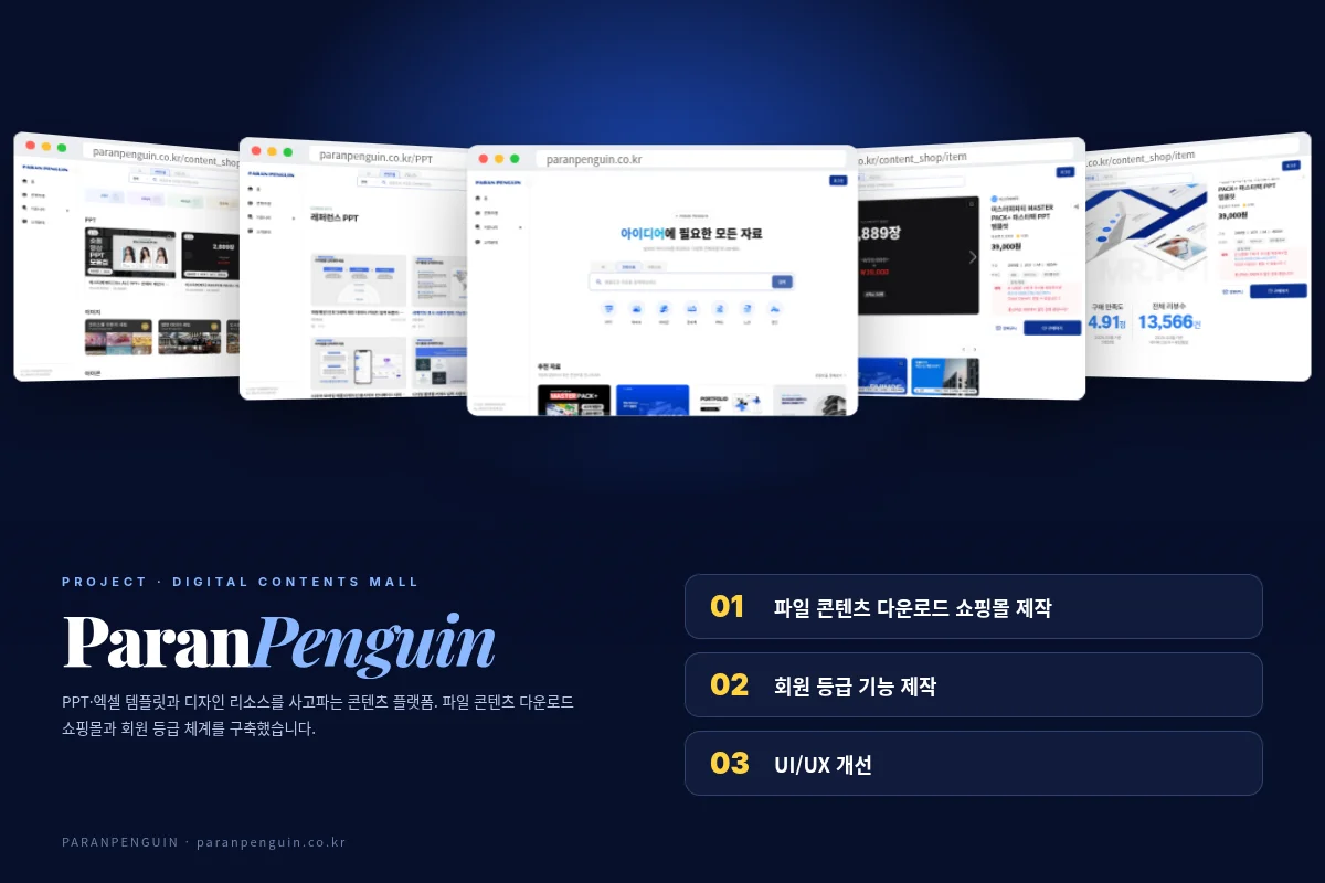 파란펭귄 콘텐츠 다운로드 쇼핑몰 작업 화면
